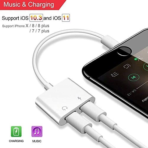 Lightning Jack Adapter &amp; Splitter Adapter Converter for iPhone 7/7 Plus/8/8Plus/X, KOROMU Lightning to Double Lightning Headphone Audio + Charge Splitter (Support iOS 11 or Later)