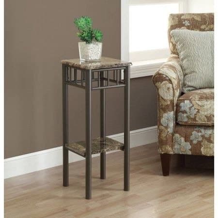 Center Console Table, Small Accent, WIth Lower Shelf,Cappuccino Marble / Bronze Metal