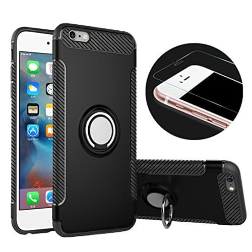 iPhone 6 Phone Case &amp; Tempered Glass Screen Protector,RP Ben Multi-function Car Holder Stand Magnetic Suction Bracket Finger Ring TPU + PC Cover Case for iPhone 6 6S(Black)