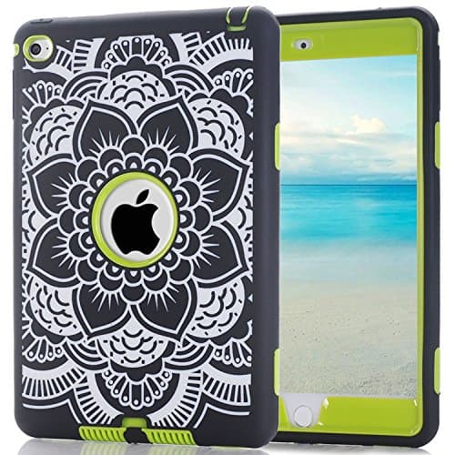 iPad Mini 4 Case ALLW 3 in 1 Hybrid Case Cover PC+Silicone Flower Pattern Design High Impact Defender Bumper Protective Shell Case Shockproof Heavy Duty Case (Flower Lime)