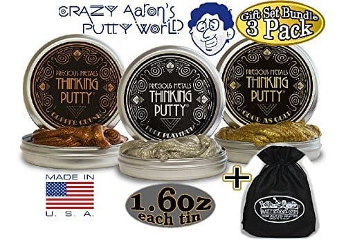 Crazy Aaron's Thinking Putty Precious Metals Gift Set Bundle Including "Good as Gold", "Copper Crush", "Pure Platinum" &amp; Bonus "Matty's Toy Stop" Storage Bag - 3 Pack