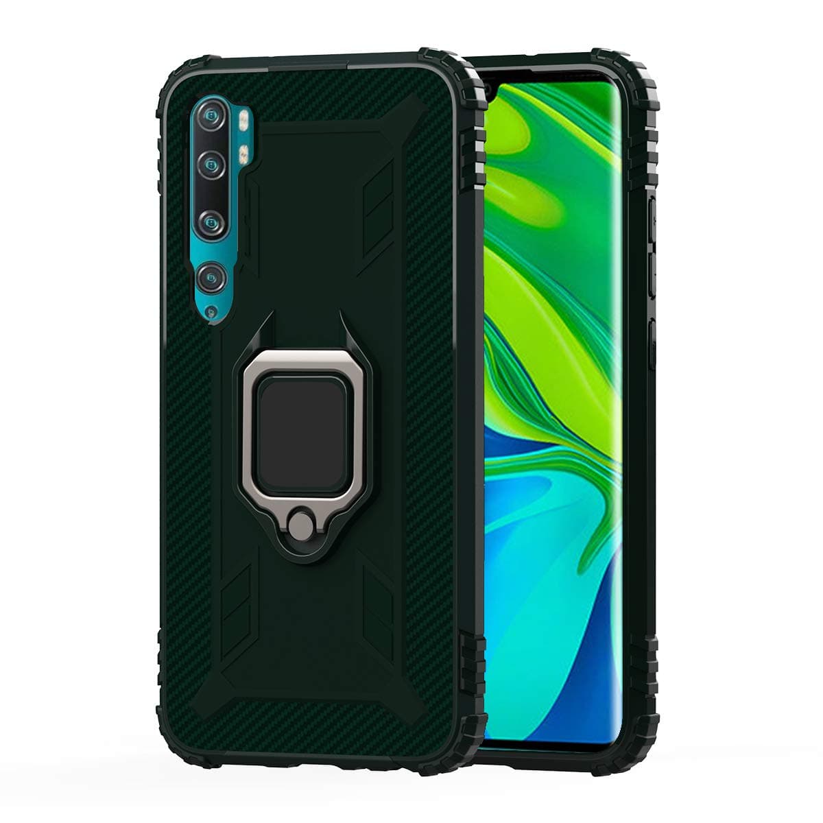FINEONE Case for Xiaomi Mi Note 10 Pro, Premium Soft Rubber Shockproof Bumper with Upgrade Metal Ring Grip Kickstand & Works With Magnetic Car Mount Anti-Slip Cover (Green)