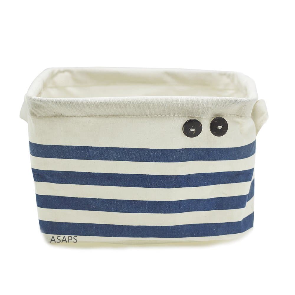 Storage Basket Storage Bin Storage Cube with Handles Small Canvas Fabric Cotton Linen Collapsible (8.25 x 7.87 x 5.91inch, Navy Blue Striped) (ASAPS)