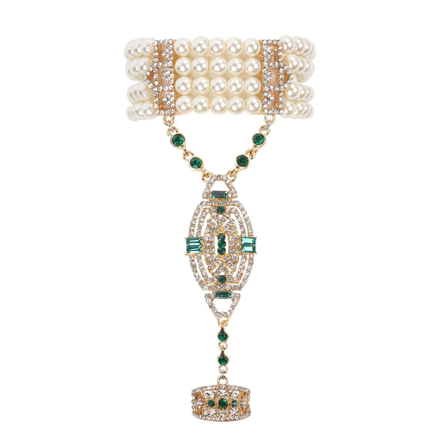 1920s Flapper Bracelet Bangle Simulated Pearl Crystal Bracelet Adjustable Ring Set Great Gatsby Jewelry Accessories