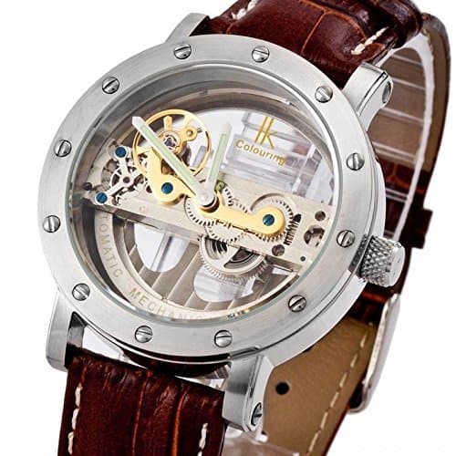 New Luxury Brown Silver Transparent Dial Skeleton Automatic Mechanical Men Watch Silver