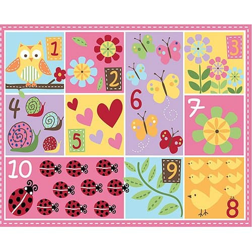 3'4" X 4'2" Kids Multi Color Patchwork Teach Me Numbers Area Rug, Indoor Butterfly Heart Owl Bird Lady Bug Snail Flowers Leaf Shapes Bedroom Reading Room Carpet, Pink Red Yellow Green, Nylon