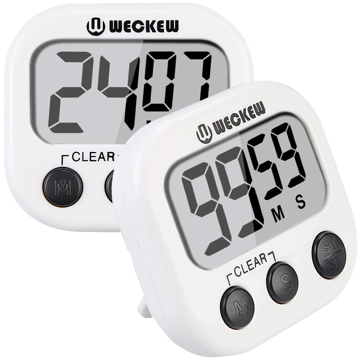 WECKEW Digital Kitchen Timer, Cooking Timer, Large Display, Strong Magnet Back, Loud Alarm, Timer Memory Recall Function, Count up Countdown Timer for Kids Baking Exercise Game (2 Pack, White)