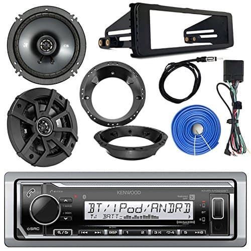Single DIN Marine Digital Media Bluetooth Receiver Bundle with 2X Kicker 200W 6.5" Car Speakers, Enrock 1998-2013 Harley Davidson Speaker Mounting Adapters, Dash Kit, 50 FT 14G Wire, Antenna