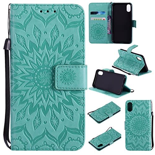 iPhone Xs Case,iPhone X Wallet Case,SMYTU Premium Emboss Sunflower Flip Wallet Shell PU Leather Magnetic Cover Skin with Wrist Strap Case for iPhone Xs(2018)&iPhone X(2017) 5.8"(Green)