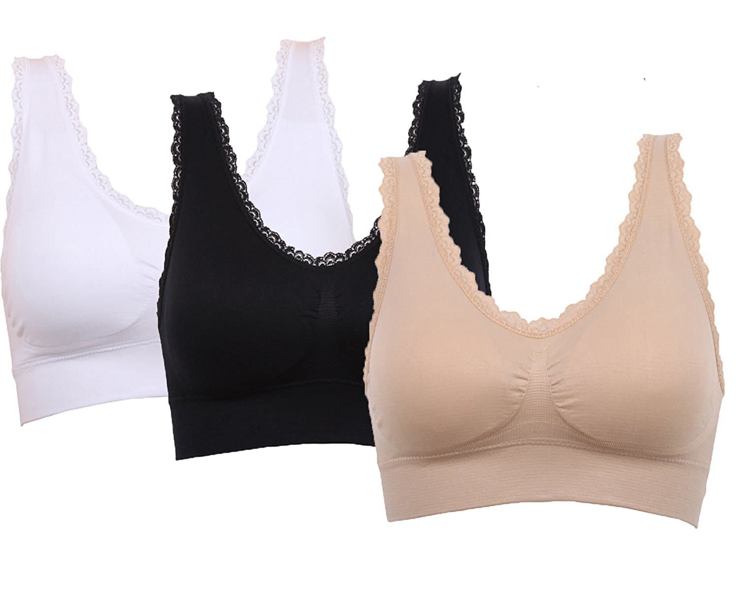 VEQSKING 3 Packs Comfy Bras for Women Plus Size Non Wired Yoga Bra Top with Removable Pads