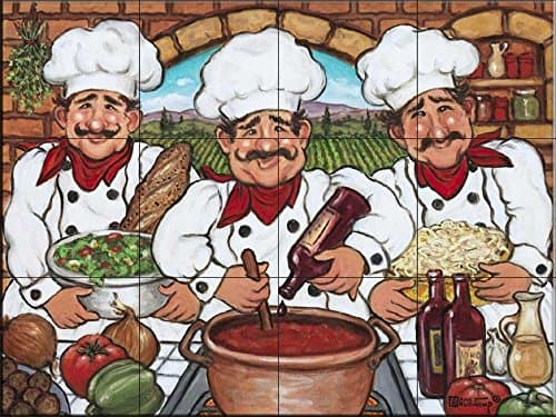 Ceramic Tile Mural - Three Happy Chefs - by Janet Kruskamp - Kitchen splashback tiles/Bathroom tiles