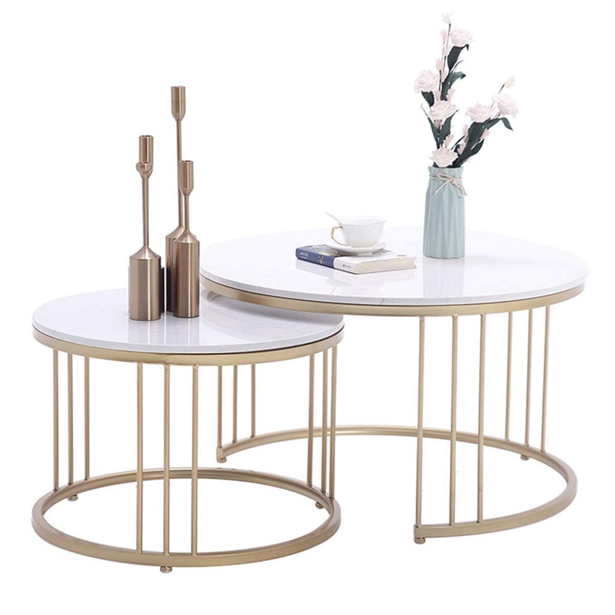 Ritlr- Round Marble Coffee Table Set of 2, Nesting Side Tables for Living Room, Coffee End Tables with Metal Golden Frame and Marble Desktop, Modern Nordic Furniture