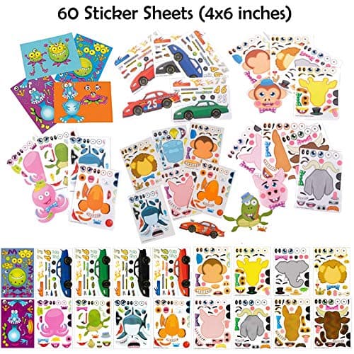 Make A Sticker Sheets (4.5 x 6.5 inches) - Great for Kid's Stocking Stuffers, Easter Basket Stuffers, Party Favors,Travel Activities for Kids (60 Sticker Sheets, Variety Pack - 18 Designs Total)