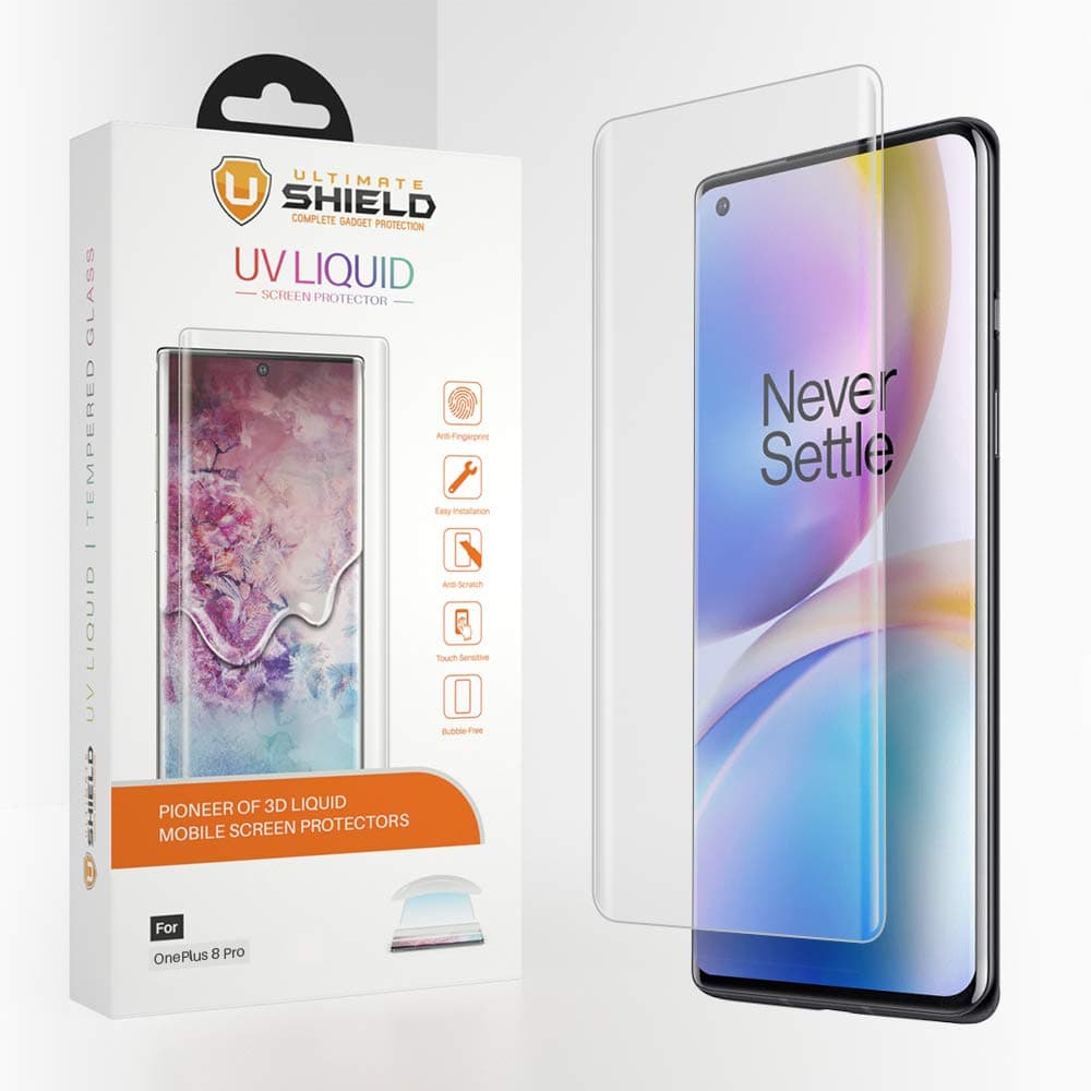 Ultimate Shield Liquid Glass for OnePlus 8 Pro [Premium 3D Curved Tempered Glass Screen Protector] [Full Adhesive] [9H Hardness] [Scratch Resistant] [Crystal Clear]