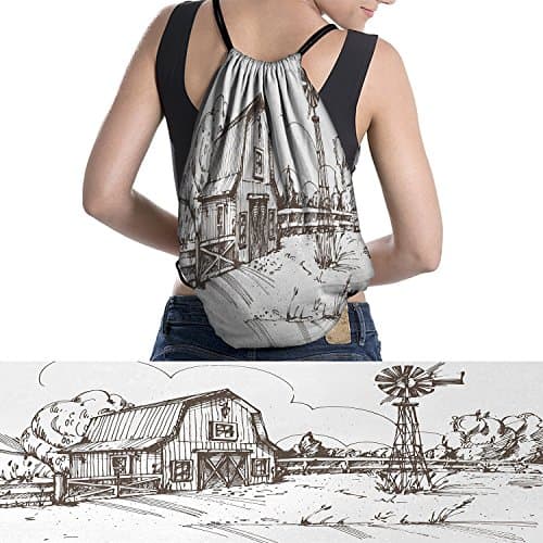 homefeel Windmill drawstring storage bag Rustic Barn Farmhouse Hand Drawn Illustration Countryside Rural Meadowcustom Dark Brown and White