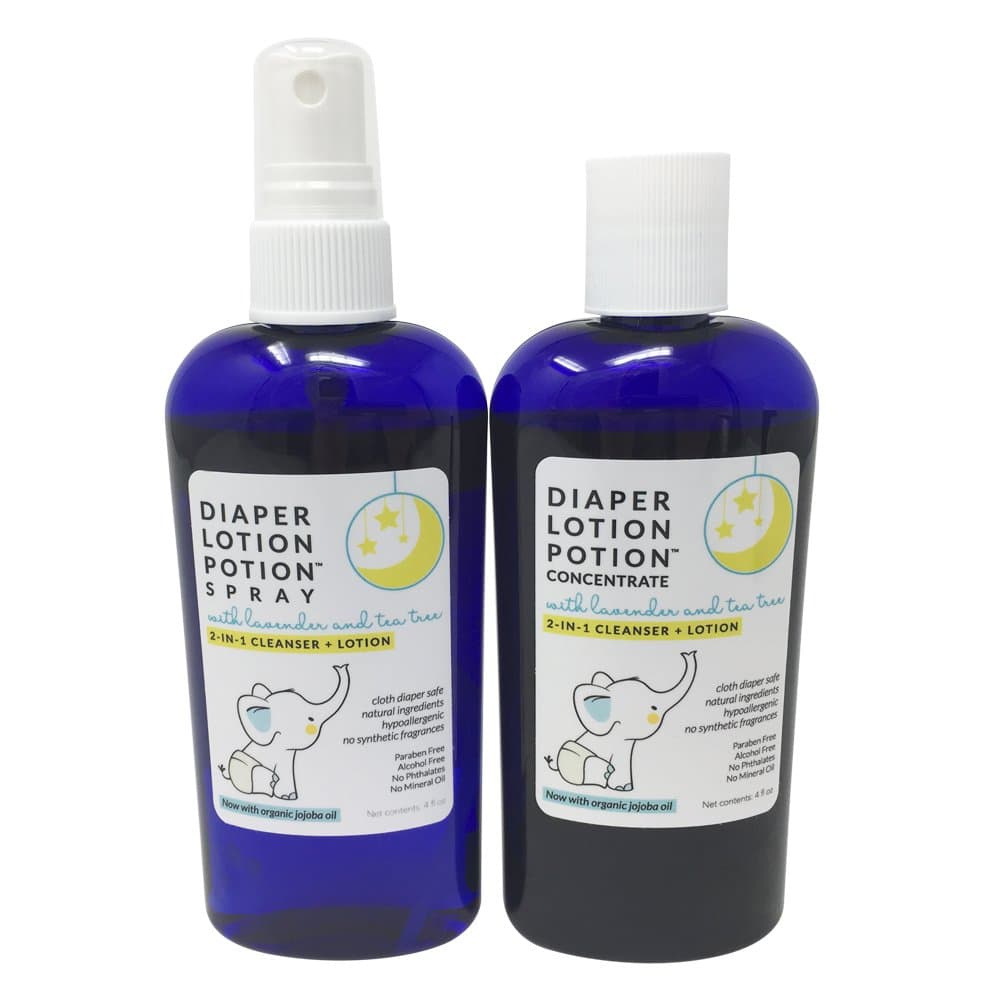 Diaper Lotion Potion Bundle with 4 oz Spray and Concentrate - All Natural Diaper Rash Solution for Your Baby - Healing, Soothing 2-in-1 Cleanser and Lotion with Lavender, Tea Tree Essential Oils