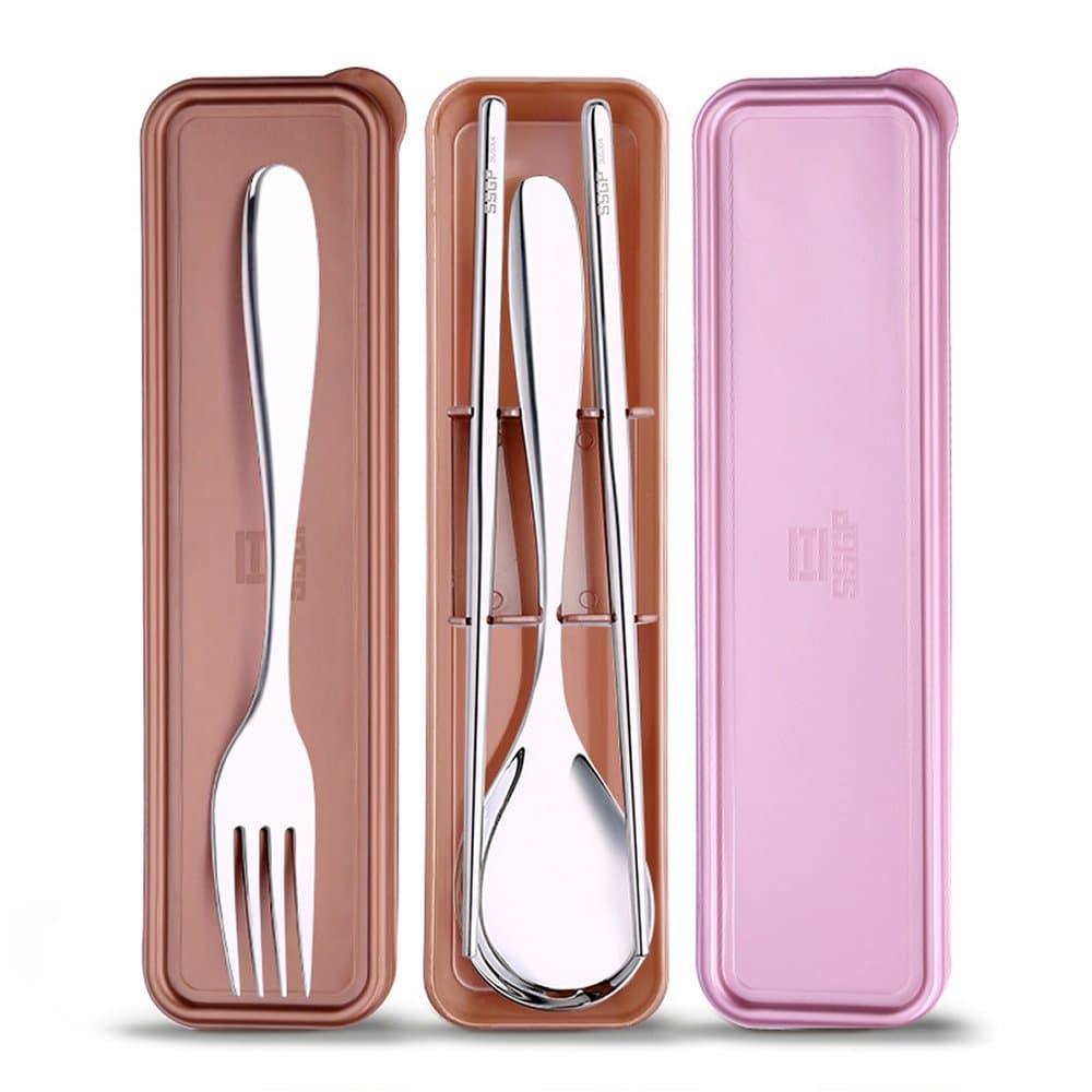 SSGP 3PCS Portable Outside Flatware Spoon Fork Chopsticks Tableware Set Food Grade Stainless Steel Dinnerware Silver with Travel Box