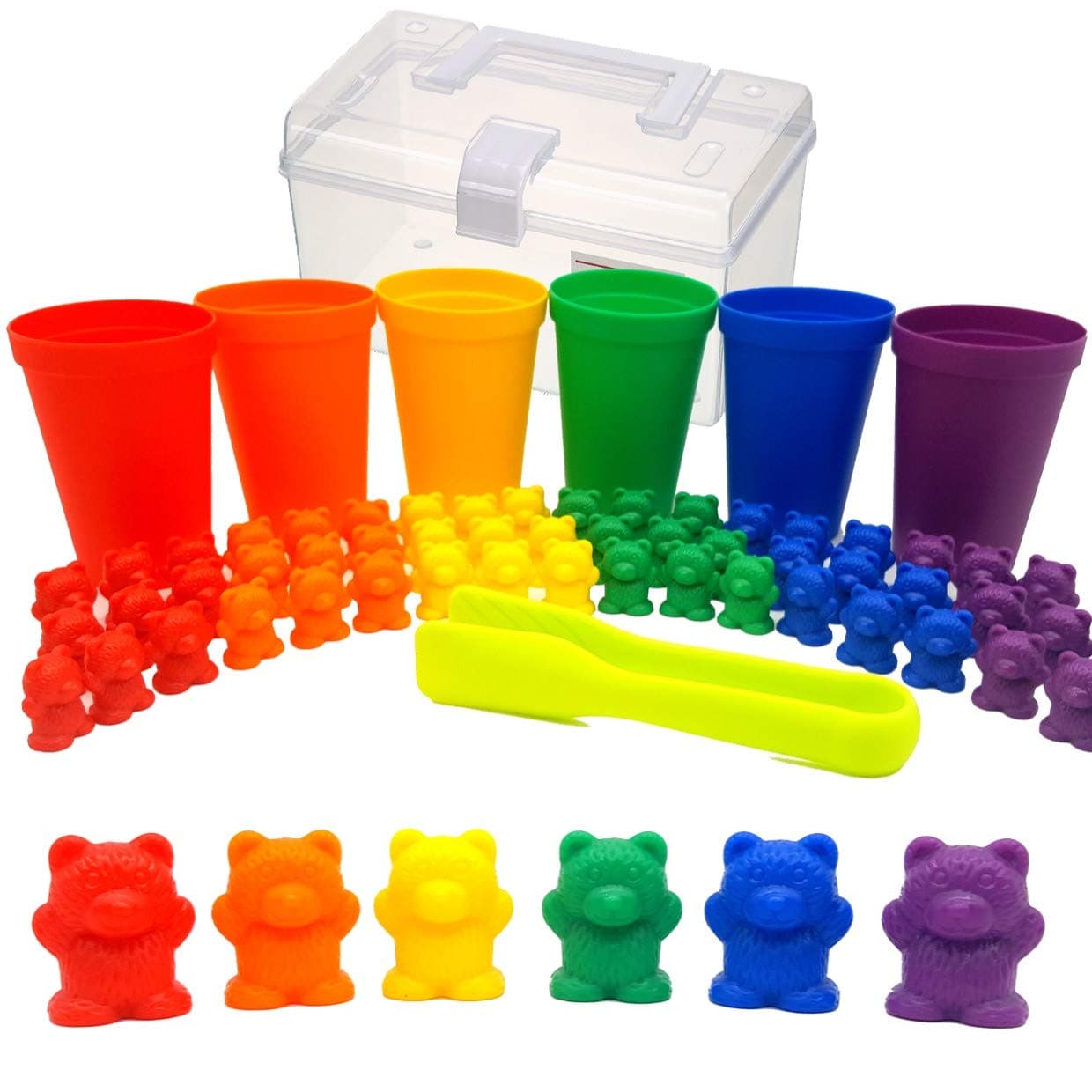 KABOOCHY Rainbow Counting Bears with Matching Sorting Cups and Storage Container 68pc Set. Quality Colorful Toy Counters for Kids to Learn Mathematics Games, STEM, Montessori Matching Game