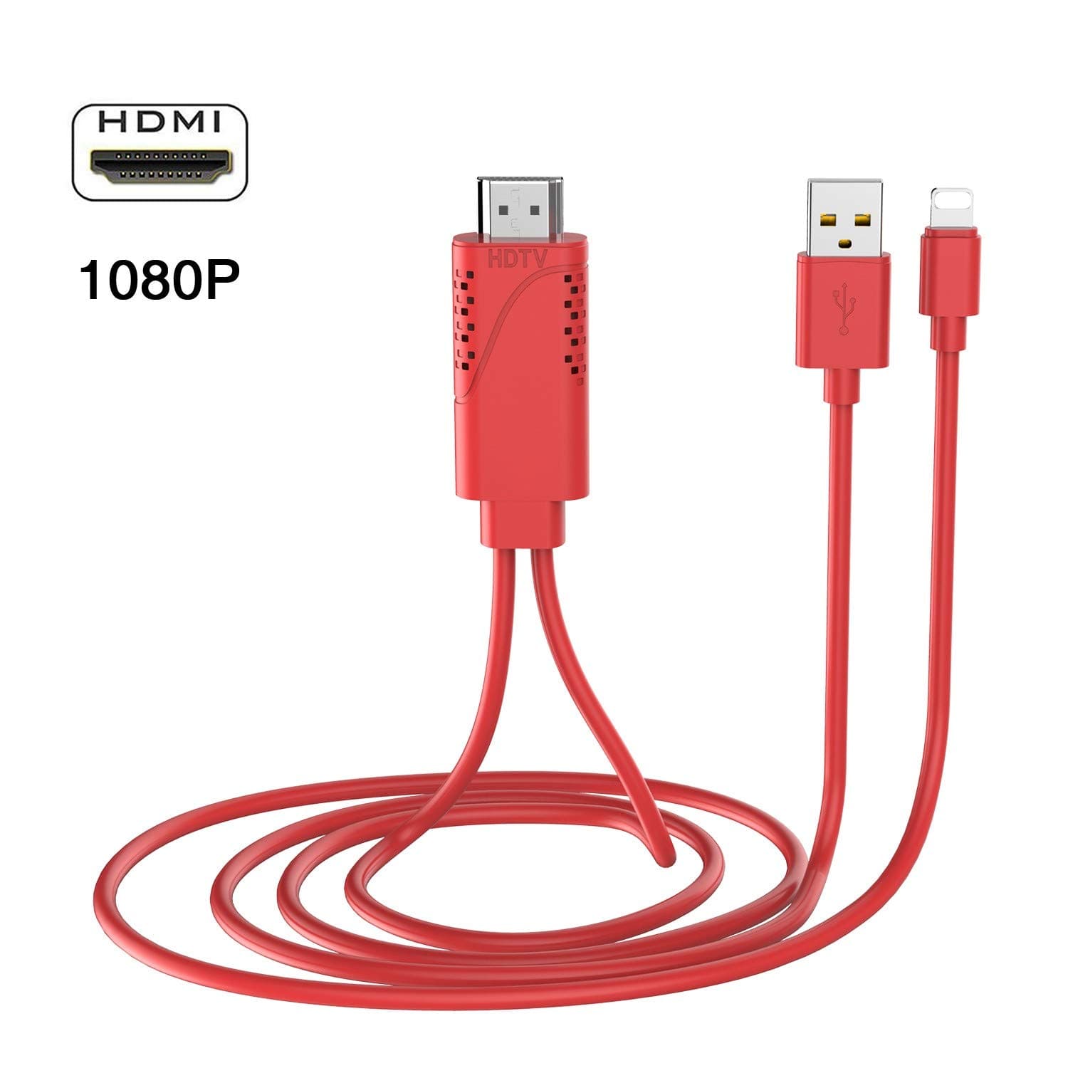 HDMI Adapter Mirroring TV Cable-Red Compatible with Apple iPhones and iPads. A Very Neat & Unobtrusive Converter Lead. High Definition 1080P Mirroring TV Projector or Monitor Screen Sharing. 1.8M.