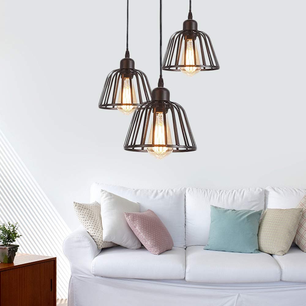 3 Lights Pendant Ceiling Light Modern Metal Cage Loft Ceiling Lamp E27 Cage Industrial Retro Pendant Light Hanging Light Fixture for Kitchen Island Table Dining Room (The Bulb not Included)
