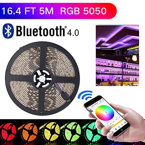 sanwo Bluetooth controller light bar kit (Bluetooth controller + Light strip + Manual) with 12V 5A Power supply, 16.4ft(5m) 300LEDS 5050RGB waterproof LED lights, support for Android and IOS system