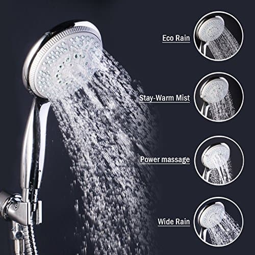 Chrome Eco-performance&amp;Five-Functions Handshower, Convenient Push-Button&amp;Flow Control Button, 4.3" Diameter Spray Head, 69" Stretchable Stainless Steel Hose, With Angle-Adjustable Bracket&amp;Teflon Tape