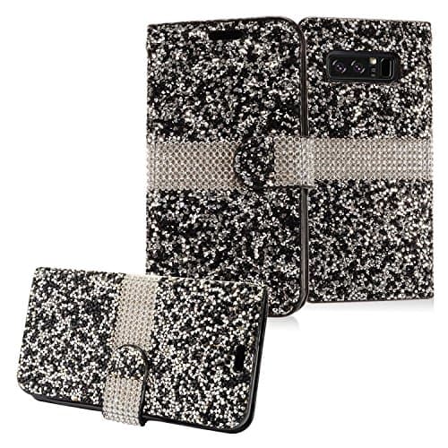Samsung Galaxy Note 8 (2017 Release), GADGETFARMER Bling/Glitter/Diamond Pu Leather Folio Wallet Flip Protective Case Cover With Kickstand Feature (Black)