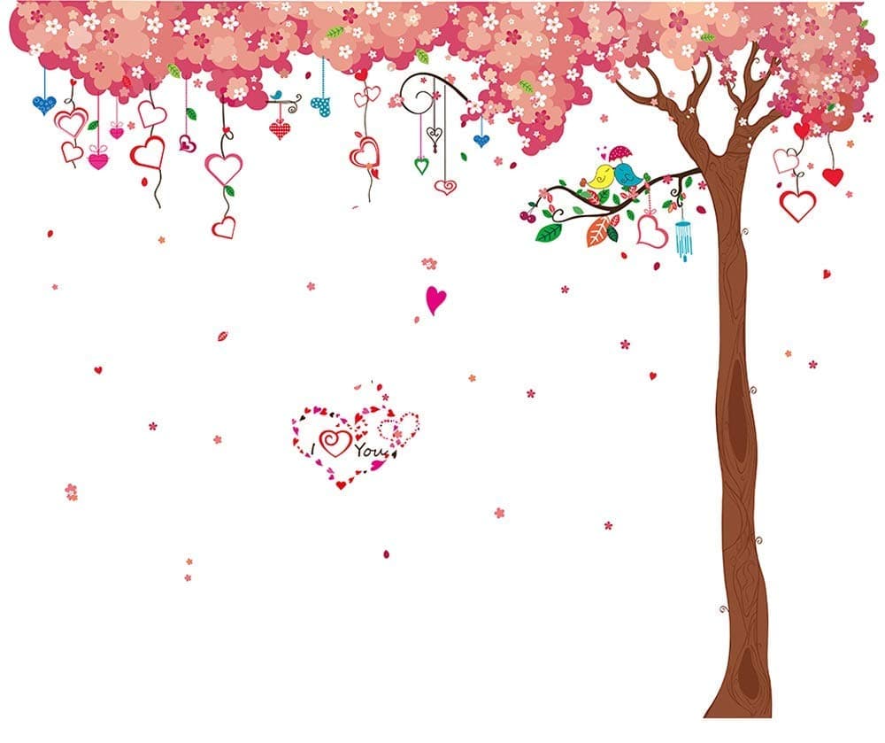 LiveGallery Large Tree Wall Decals Removable Pink Cherry Flower Wall Stickers DIY Heart and Birds Wall Decor 3d art for Home Wall Bedroom Girls Nursery Rooms Living Room Decoration 6 sheets of 12"x36"