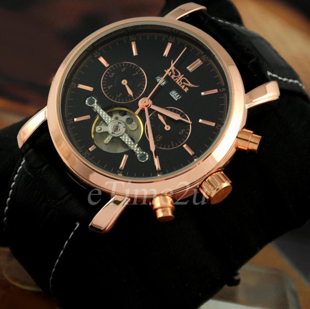 Orders Forever Delu Jaragar Mens Multi-Function Tourbillon Automatic Mechanical Calendar Rose Gold Leather Strap Skeleton Steampunk Watches