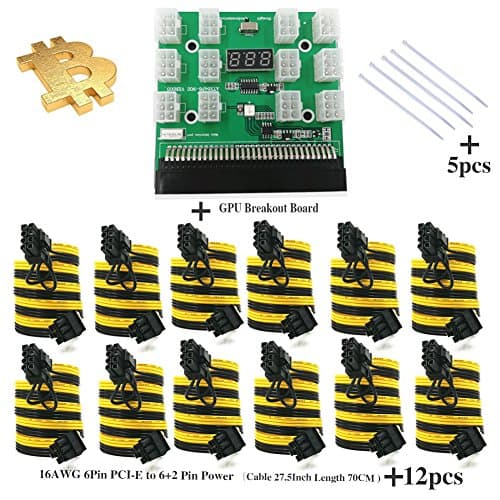 PSU ETH ZEC Mining Power Supply 12V GPU Breakout Board+ 16AWG 6Pin PCI-E to 6+2 Pin Power （Cable 27.5Inch Length 70CM )