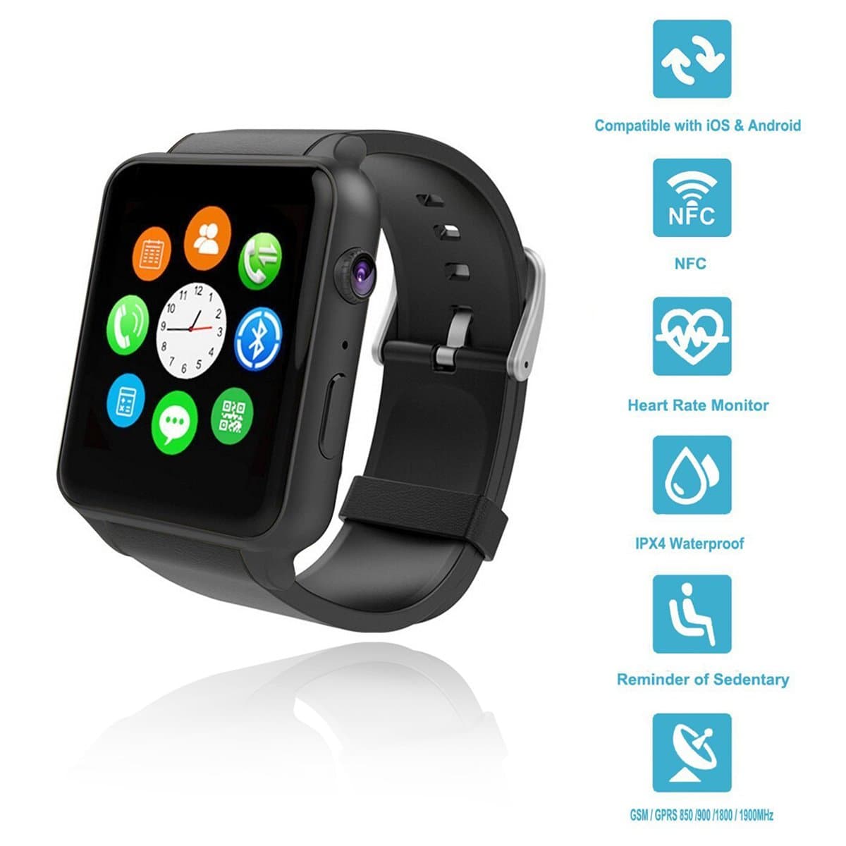 Wingtech GT88 Bluetooth Smart Watch Touch Screen IP57 Rainproof Smart Wrist Watch with Camera Sim Card Slot Sport Heart Rate Monitor Compatible with iOS Android Smartphones (Black)