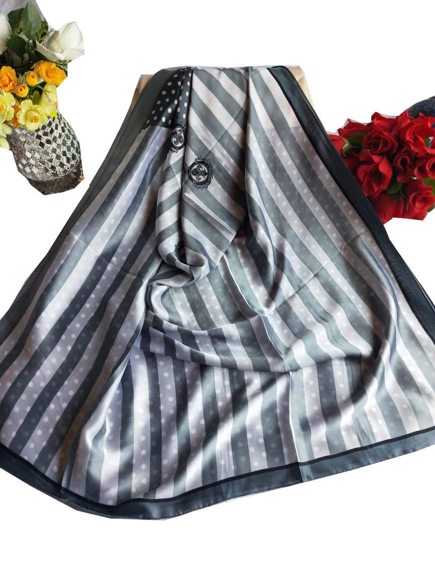 Fatimiyah Fabrics Silk Stole Silver & Grey Strips