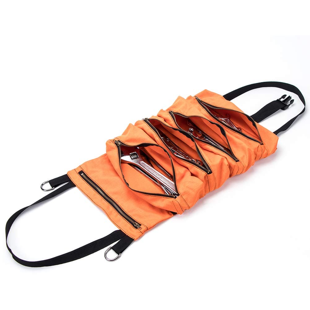 Super Tool Roll,Multi-Purpose Tool Roll Wrench Roll Big, Waxed Canvas Tool Organizer Bucket, Tool Roll Up Pouch, Handy Small Tools Tote Carrier (Orange)