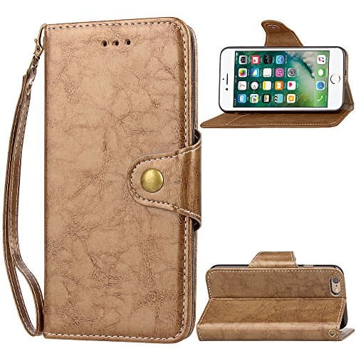 Iphone 6 plus 6s plus phone case, Retro business leather buckle card holder TPU lanyard simple models Stand Magnetic Purse Cash Pocket&amp;Wrist Strap for Iphone 6 plus 6s plus (gold)