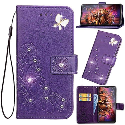 LG G7 ThinQ Wallet Case with Screen Protector,LG G7 PU leather Protective Case 3D Glitter Sparkle Emboss Floral Lucky Flower Folio Magnetic Card Holder Kickstand Flip Case for LG G7 ThinQ Bling/Purple