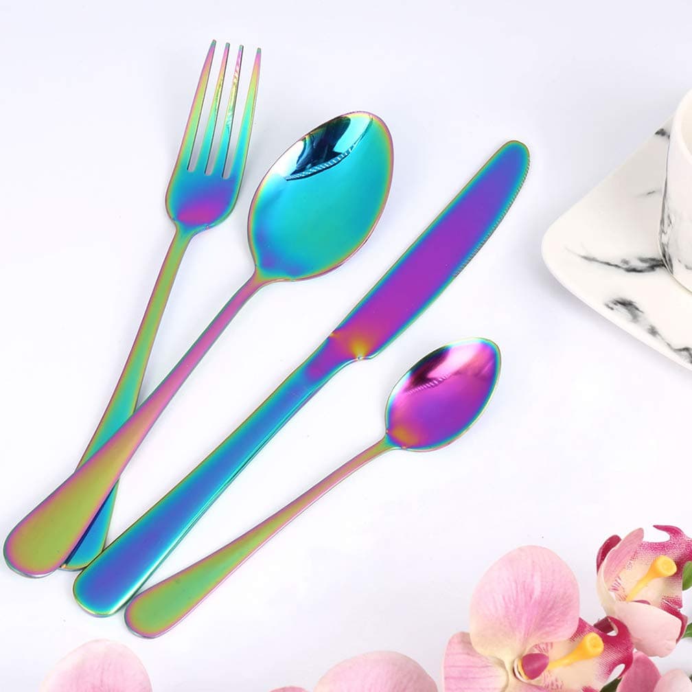 Wanxida 1 Set Colorful Romantic Dinner Set Rainbow Flatware Set Wedding Travel Cutlery Set Stainless Steel Dinner Knife Fork Soup Spoons Set