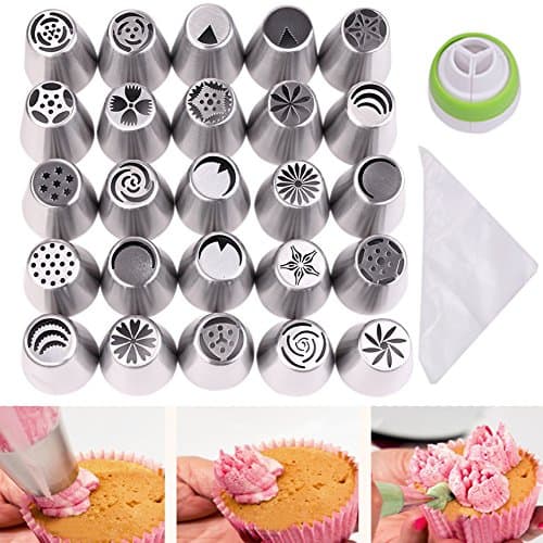 46 PCS Baking Tip Sets Large Macaroon Baking Kit Cake Decorating Kit Supplies for Beginner Russian Piping Set Baker's Tips Kit ,Includes 25 Icing Tips+1 Coupler+20 Disposable Decorating Bags ,Best Kit
