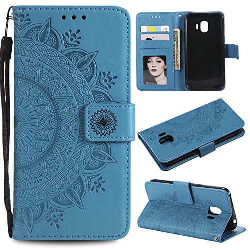 Galaxy J2 Pro 2018 Floral Protective Wallet Case,Galaxy J2 Pro 2018 Strap Flip Case,Leeook Pretty Elegant Embossed Totem Flower Design Pu Leather Bookstyle Magnetic Card Slots Wrist Strap Rose Gold Soft Inner Stand Flip Skin Case Cover Book Style With Lanyard Strap for Samsung Galaxy J2 Pro 2018 + 1 x Free Black Stylus-Blue