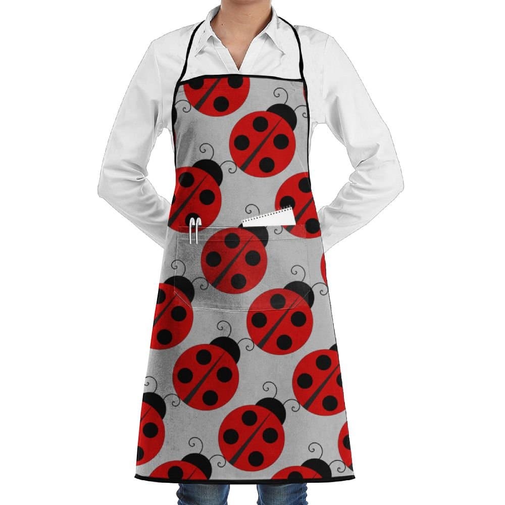 CYSHOW Lovely Ladybug Novelty 3D Print Water Resistant Polyester Kitchen Apron with Big Pockets Machine Washable Easy Care Twill Sewing Bib Apron for Cooking BBQ Party