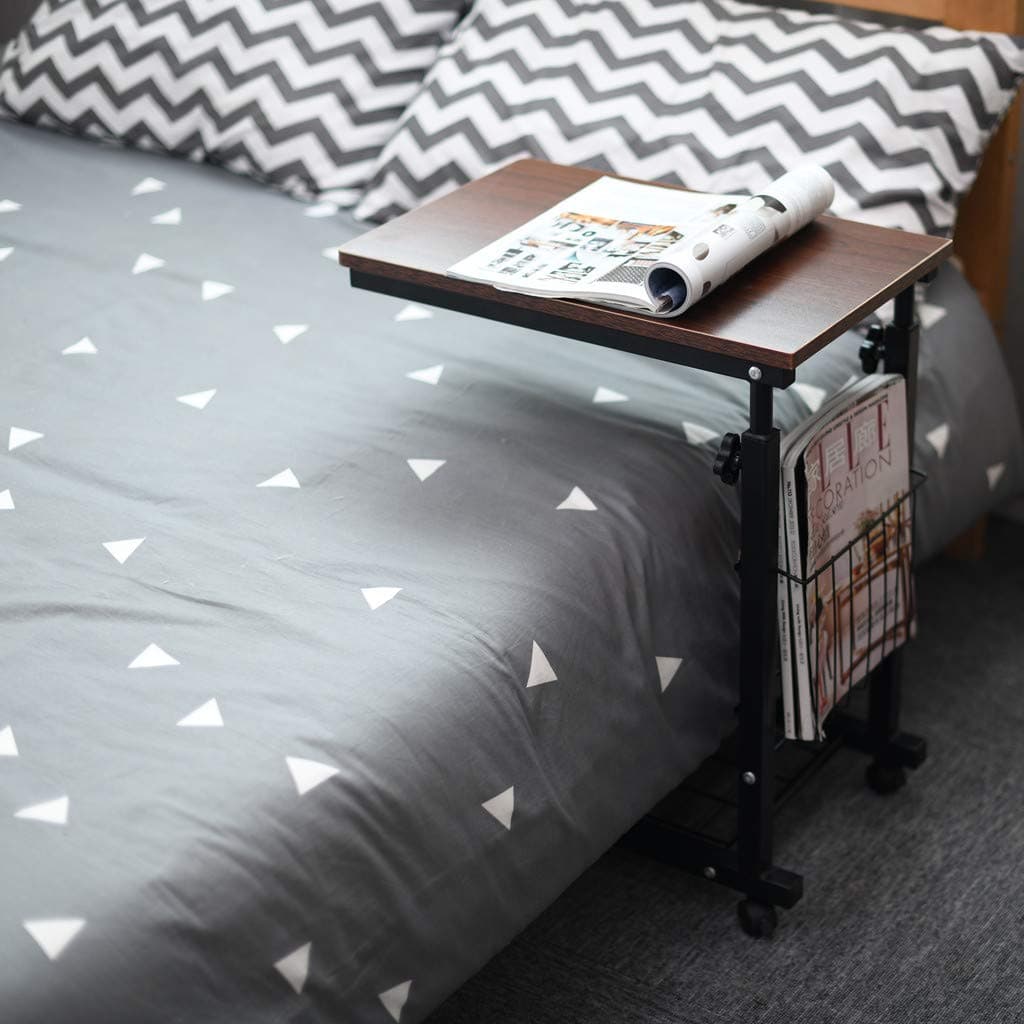 Tilting Overbed Table with Wheels Mobile Side Table Adjustable Rolling Cart - Portable Side Computer Desk with Storage Basket, Heavy-Duty Movable Couch Sofa End Table for Hospital Home Office (Brown)