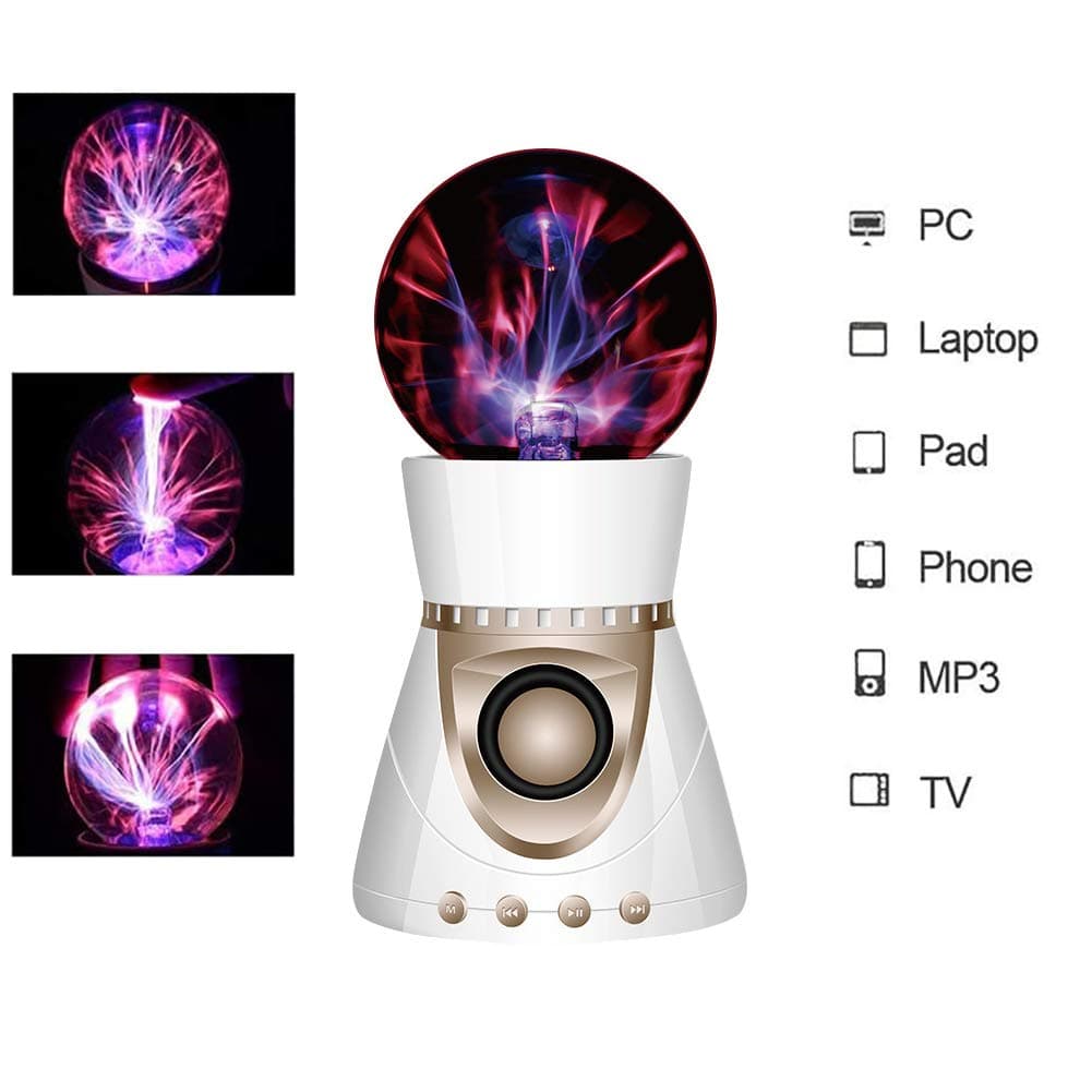 Magic Plasma Ball Touch Sensitive Plasma Ball with Bluetooth Speaker Desdtop Light Lightning Lamp Party Xmas Gift Fantastic Flashing Lightning Ball Spherical (White+Gold)
