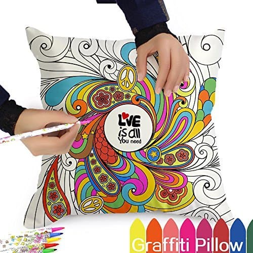 Fastness DIY Coloring Pillowcase, 18 Inch Square with A Set of 12 Doodle Color Pens, Creative Gift for Kid