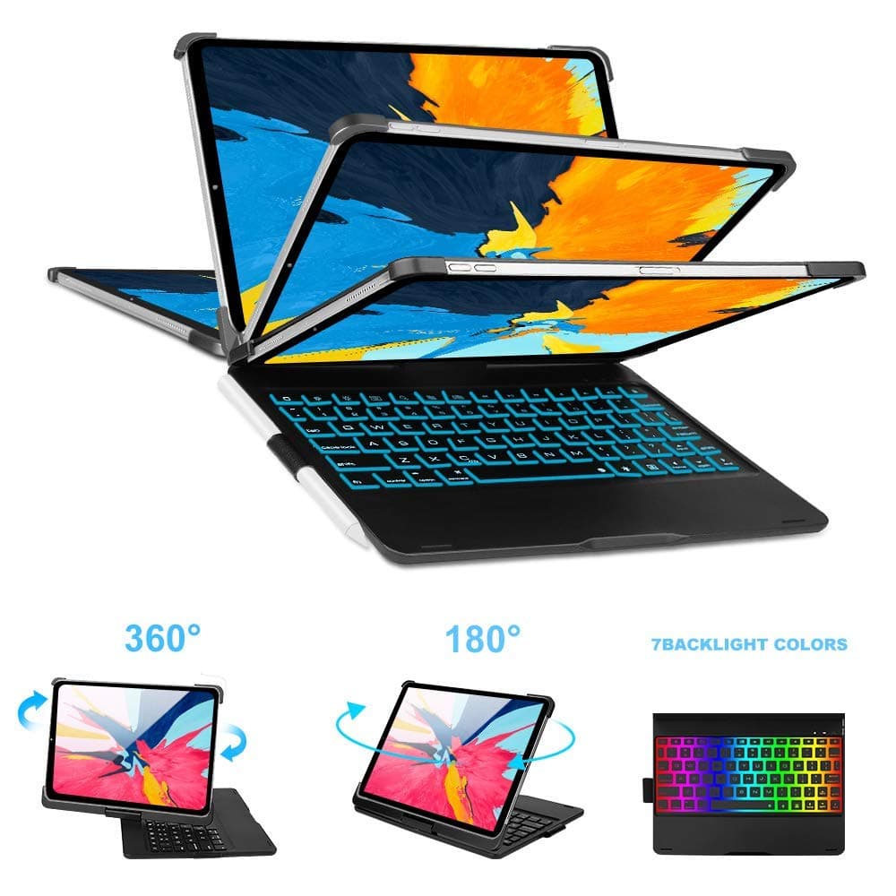 iPad Pro 11" Keyboard Case - 7 Colors Backlight LED Lights Keyboard Case - Wireless & Bluetooth Keyboard - 360 ° Rotation & 180 ° Flip - Wake & Sleep - Supports Apple Pencil Charging (Black)