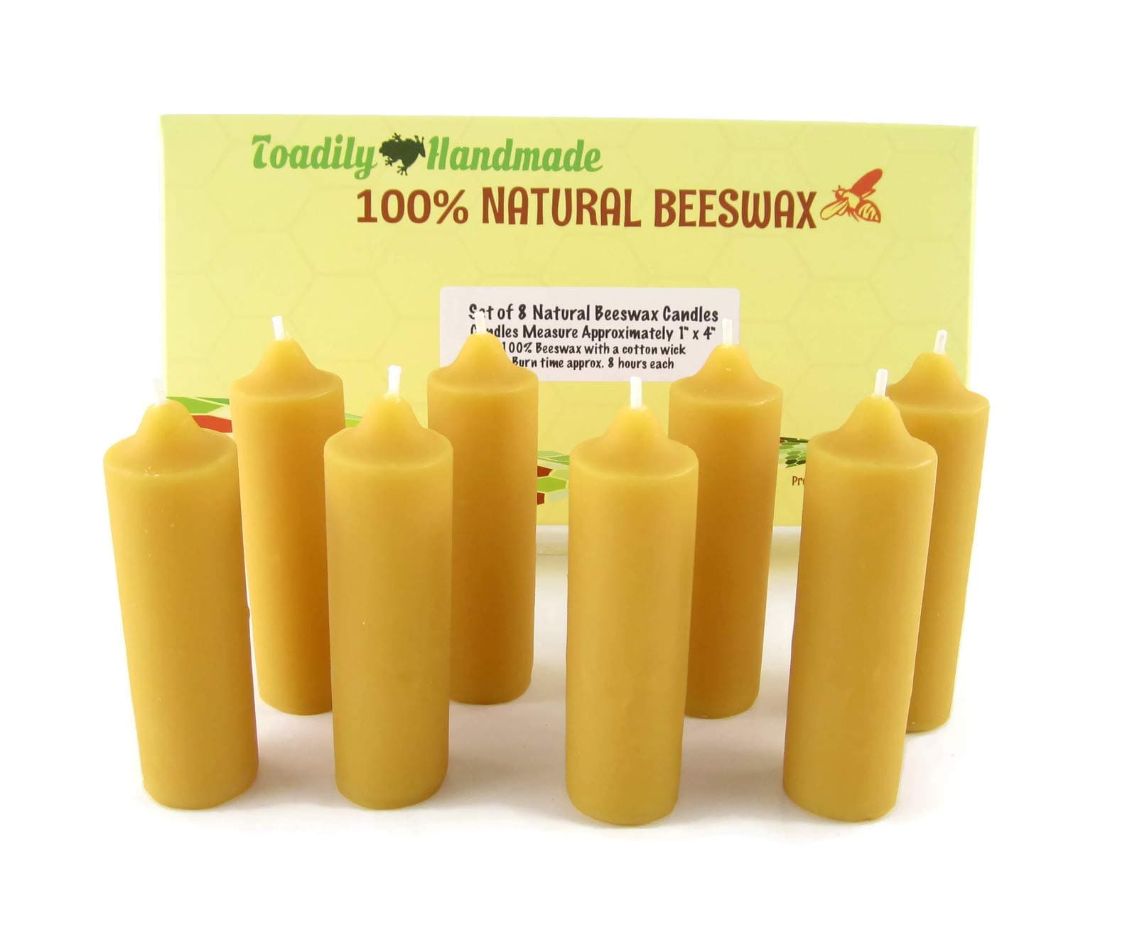 Eight (8) Hand Poured Solid Beeswax Candles in Natural - Each Candle Measures Approximately 1" x 4" - 100% Beeswax Candles by Toadily Handmade - Made in The USA