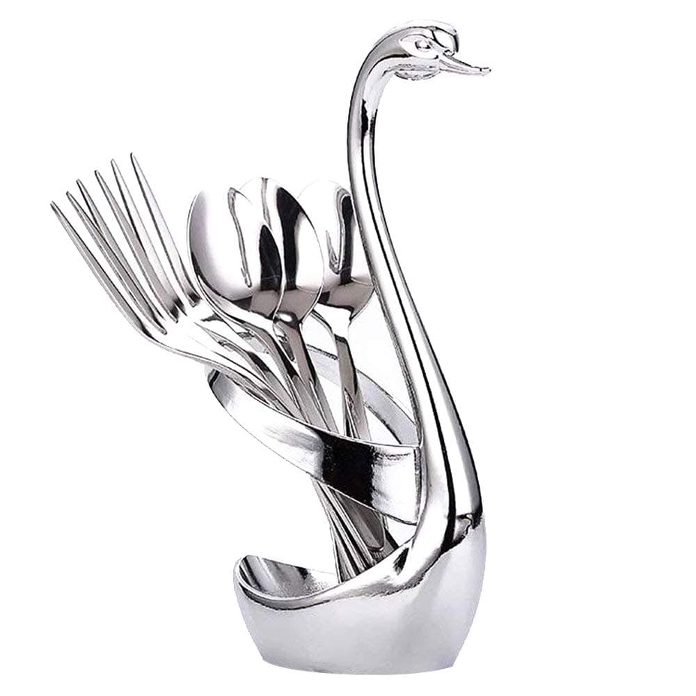 Stainless Steel Tableware Set Dinnerware Set Holder and Fruit Dessert Fork Cake Coffee Spoon Set Swan Base Holder 3 Forks and 3 Spoons Coffee Teaspoon Cutlery Set for Table Home Kitchen Accessories