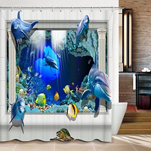 Imonet Thicken Polyester 3D Dolphin Shower Curtain with Hooks, Mildew Proof &amp; Waterproof 72 x 72 inches