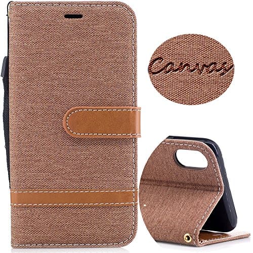 Wallet Leather Case for iPhone X, Denim Canvas Case with Card Slots &amp; Kickstand &amp; Wrist Strap, 360 Full Body Protective Embedded Magnetic Flip Folio Cover for iPhone X Edition /iPhone 10 (5.8)- Brown