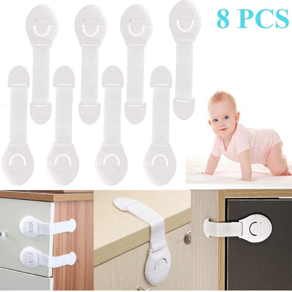 Child Safety Locks,3M Cupboard Locks with Adjustable Strap Latches,Self Adhesive Safety Locks for Baby Proofing Kitchen Cabinets,Drawers,Appliances,Fridge(8 Pack)