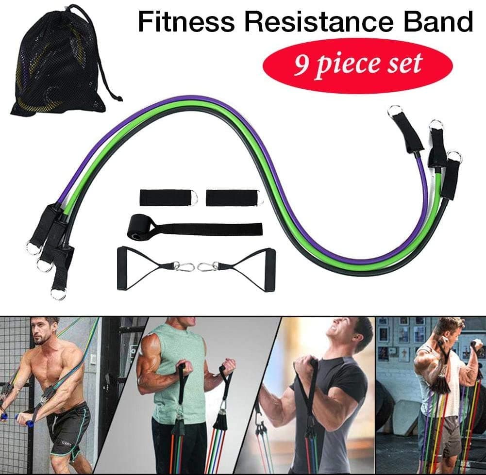 Resistance Bands Set with Storage Bag,Resistance Loop Exercise Bands, Durable Super-elastic Strength Training Stretch Band for Yoga Pilates,Elastic Rope, Foot Ring, Handle, Door Buckle 9 pieces(Green)