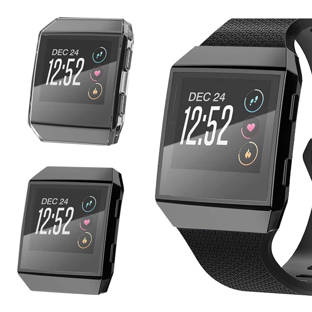 Coobes[2 Pack] Compatible with Fitbit Ionic Case, Ultra-Thin TPU Plated Bumper with Clear Screen Protector Full Cover Shell Slim Lightweight Frame Compatible Fitbit Ionic Smart Watch (Black+Clear)